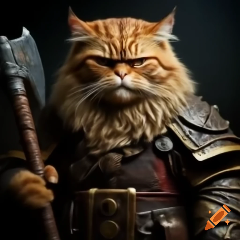 Photo realistic fat cat dressed as fierce ancient dwarf with battle axe