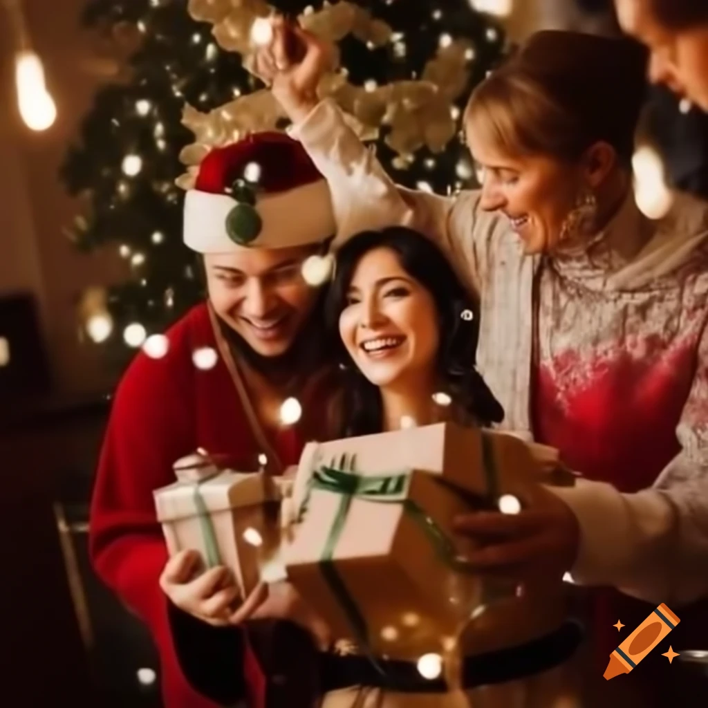 Joyful people exchanging presents during Christmas celebration
