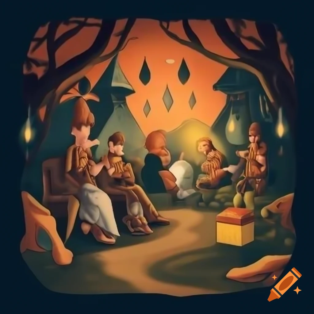 Elegant village scene in mystical forest with warm ambiance