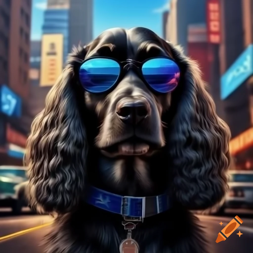 Black cocker dog with sunglasses in cyberpunk city backdrop