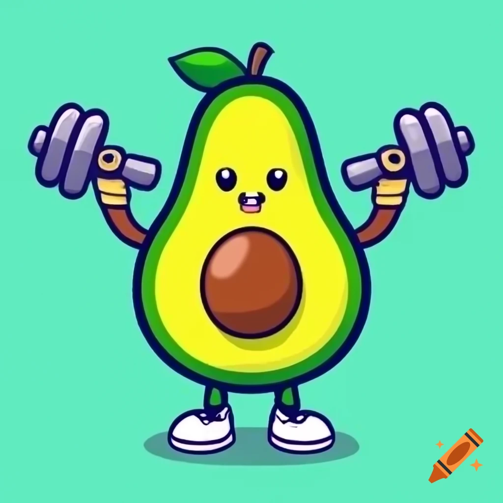 Cartoon avocado character working out with dumbbells and headband