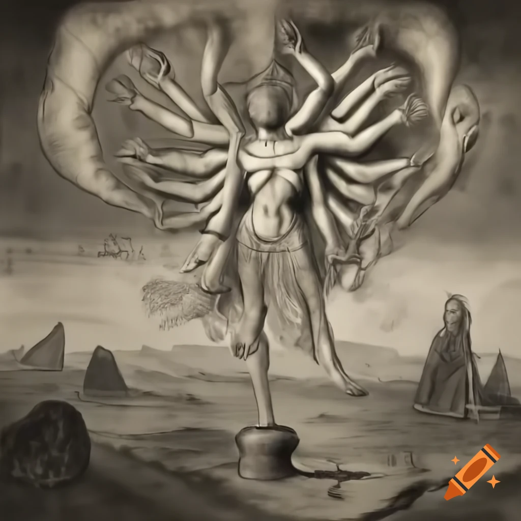 Surreal collage depicting baroque baron in hell with expressionist line drawing