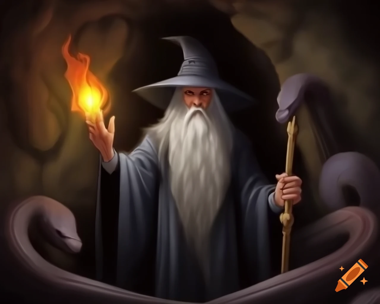 Epic dark fantasy illustration of wizard entering cave with sinister snakes