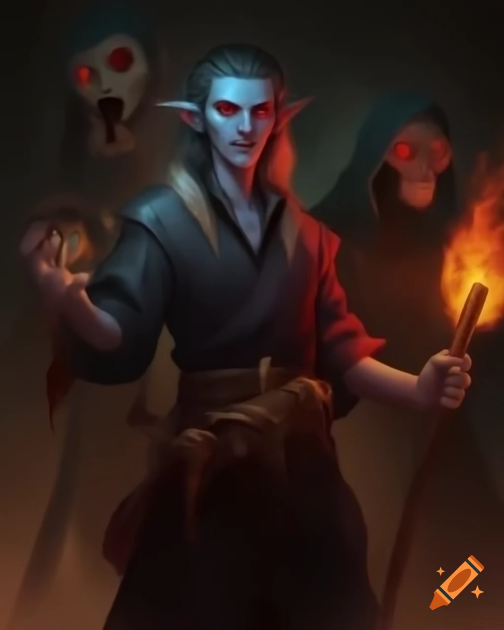 Male halfling necromancer with spiky hair and red eyes casting firebolt with undead companions