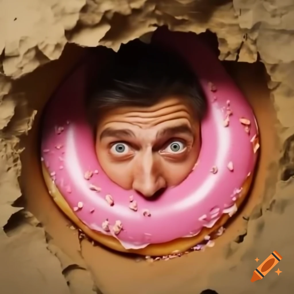 Man emerging playfully from donut hole
