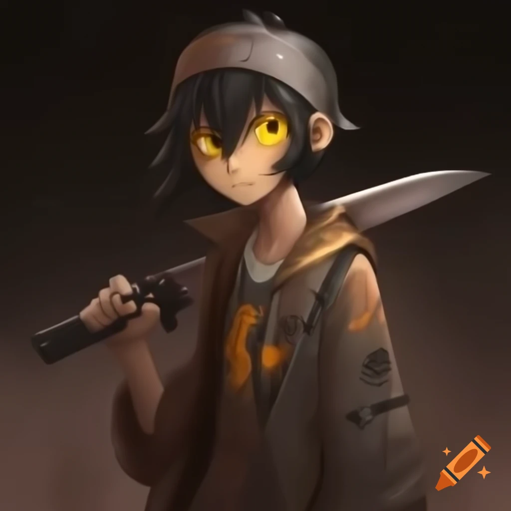 Older anime character niko with ripped clothes and glowing headband, holding rusty machete