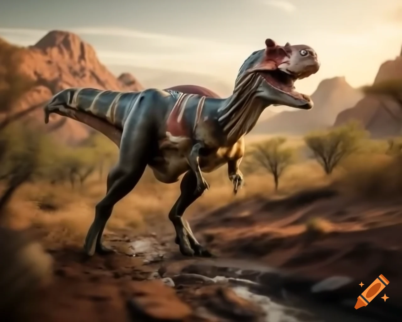 Cinnamon-colored and grey striped Carnotaurus crossing ravine in outback landscape during warm morning light