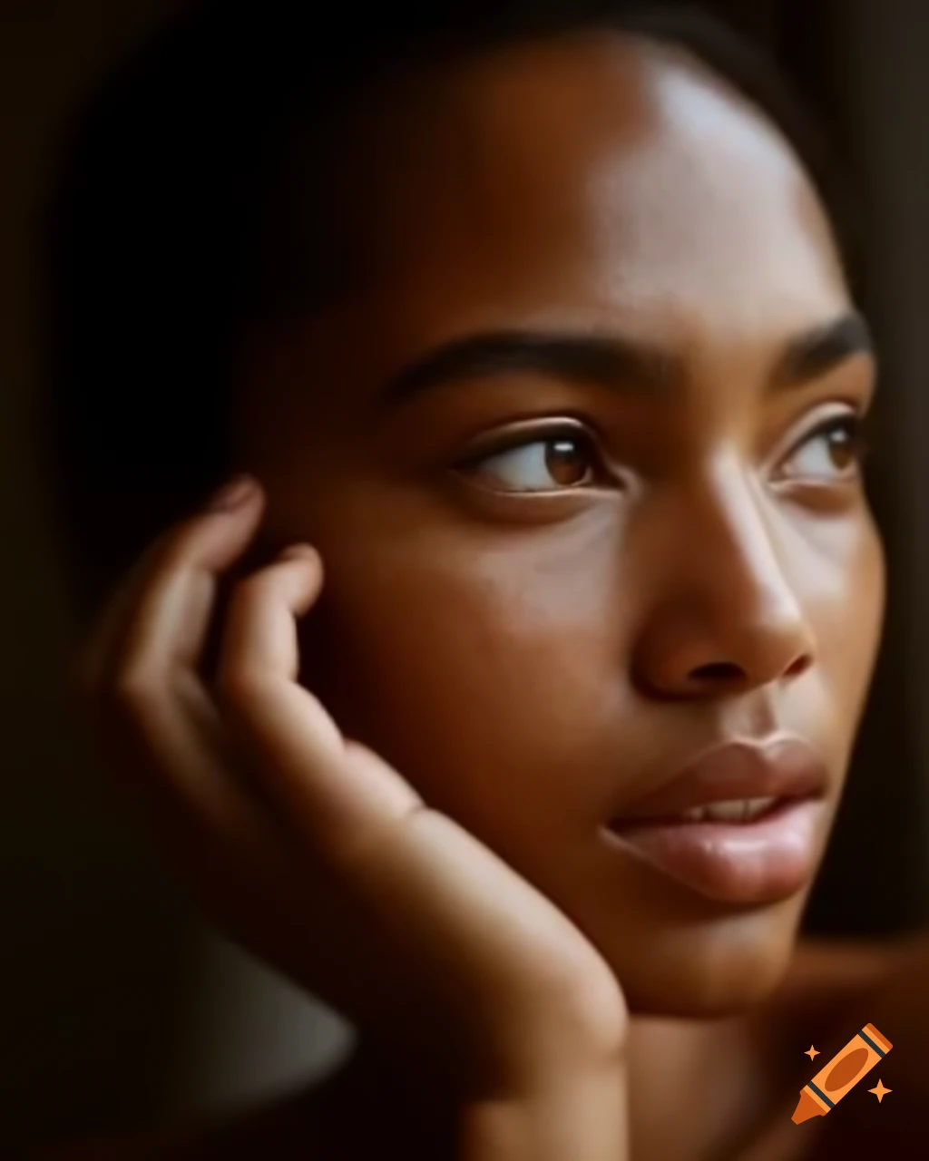 Close-up of hand touching face with radiant skin in soft natural lighting
