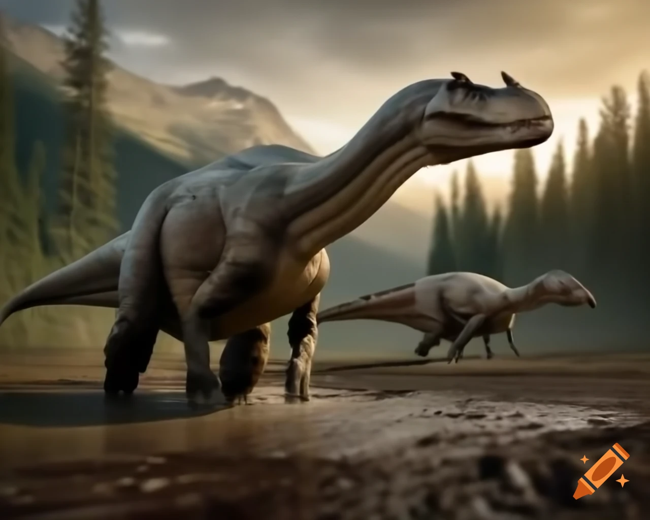 Hadrosaurus dinosaurs by muddy lake bank in British Columbia, morning light