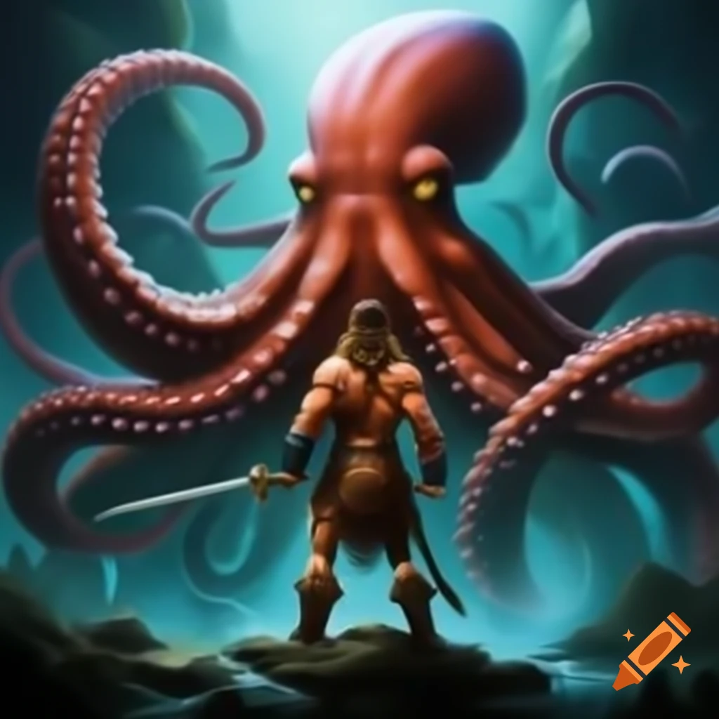 Conan the Barbarian battling giant octopus in oil paint style
