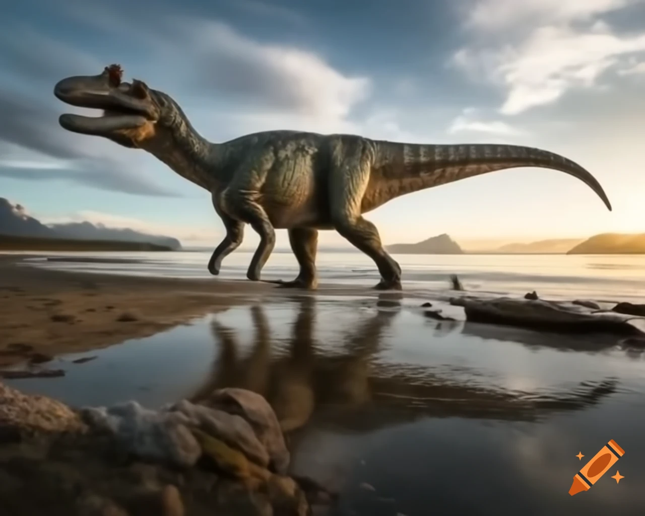 Hadrosaurus dinosaur walking along British Columbia coast at golden hour
