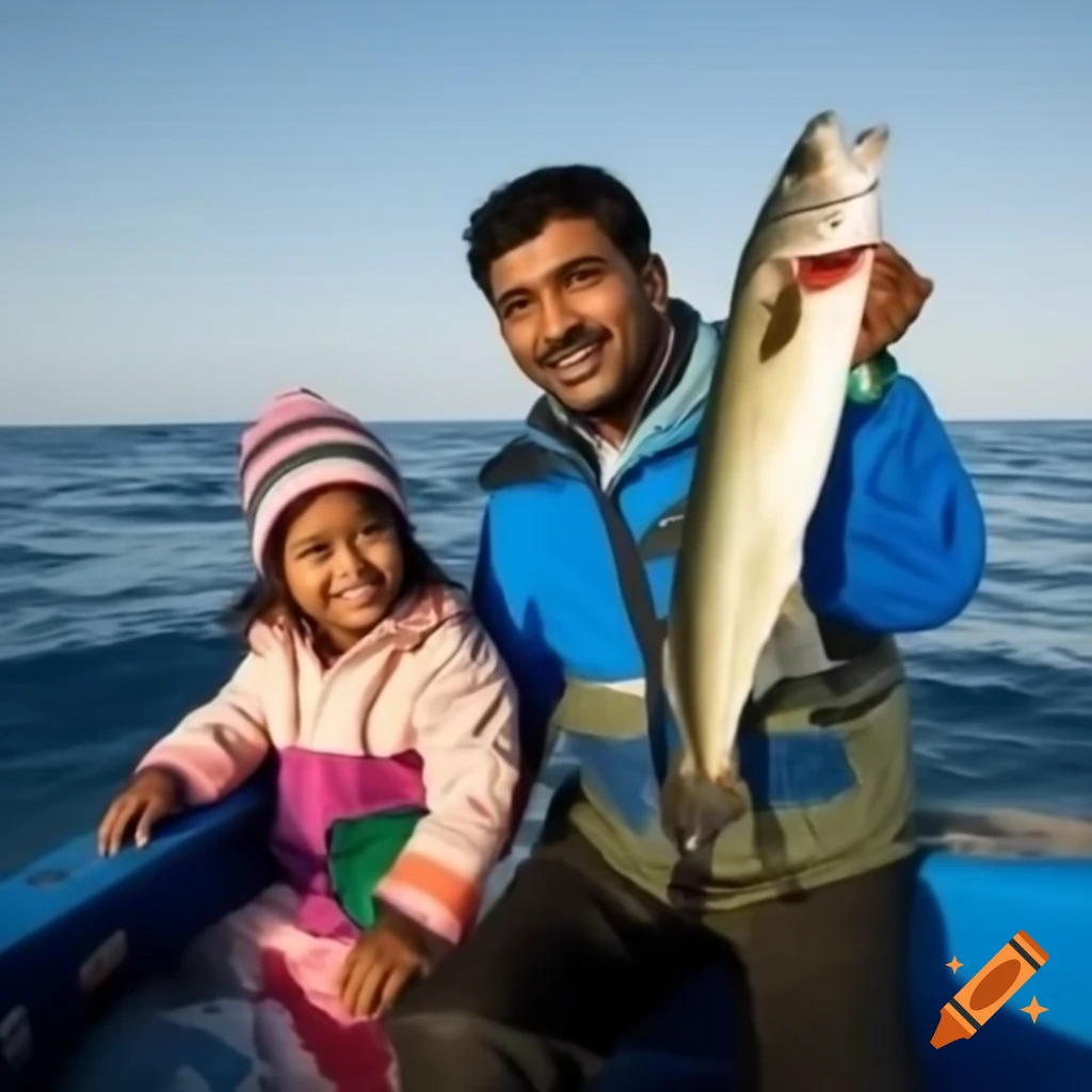 Indian man and Chinese girl fishing in boat on sunny Indian Ocean