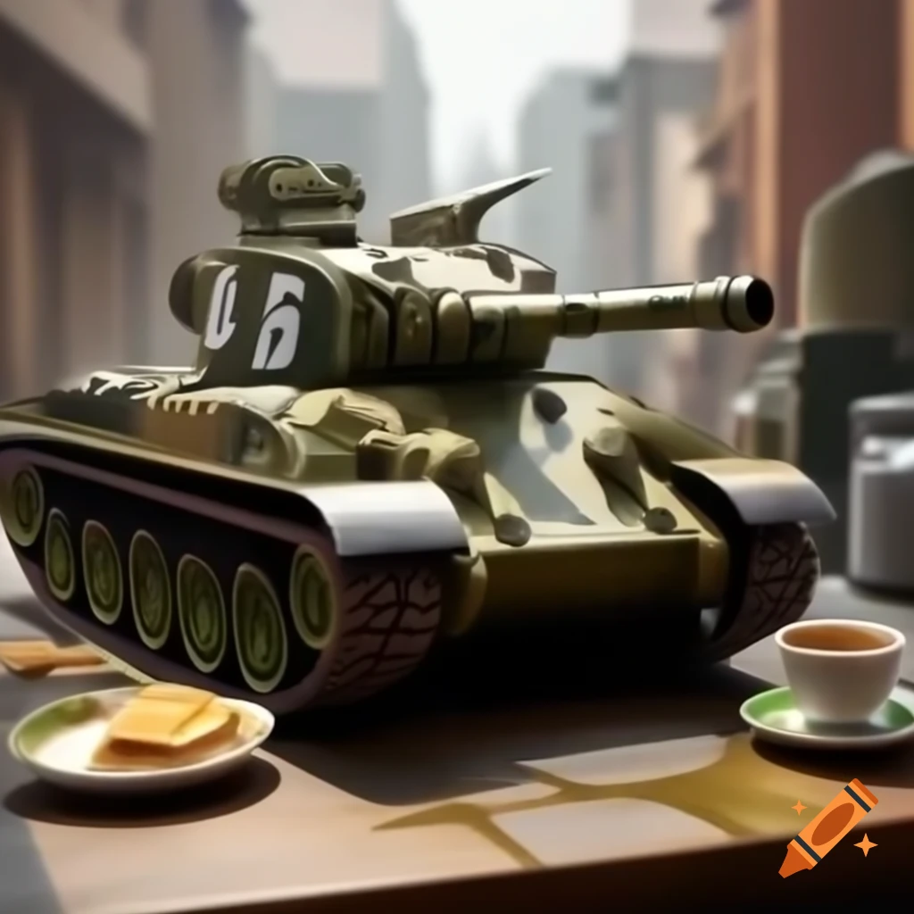 Realistic military tank with burger drawing and cat sipping espresso