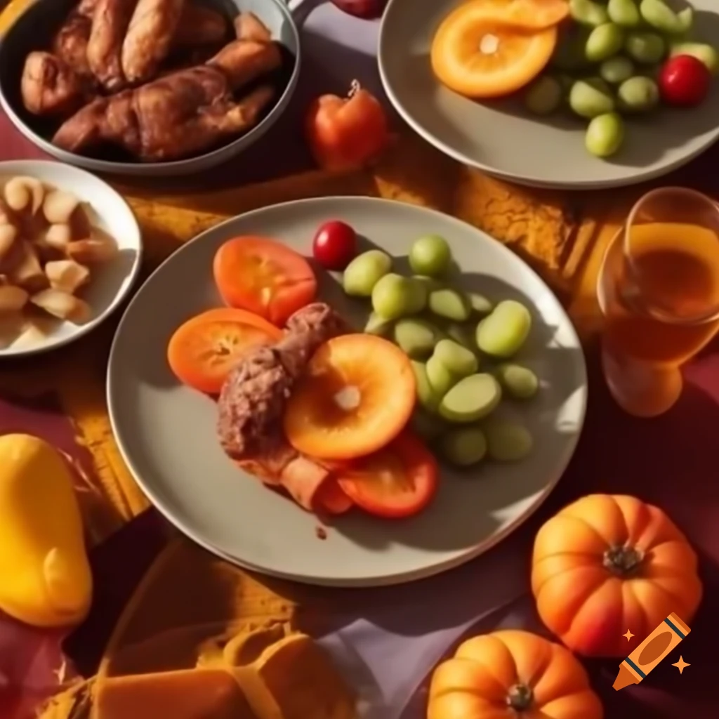 Autumn dinner setting with plates, fruits, and fried meat