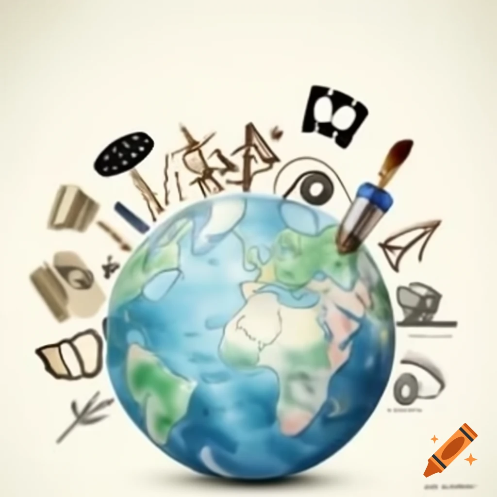 Globe surrounded by art symbols including paintbrush, theatre mask, and musical note