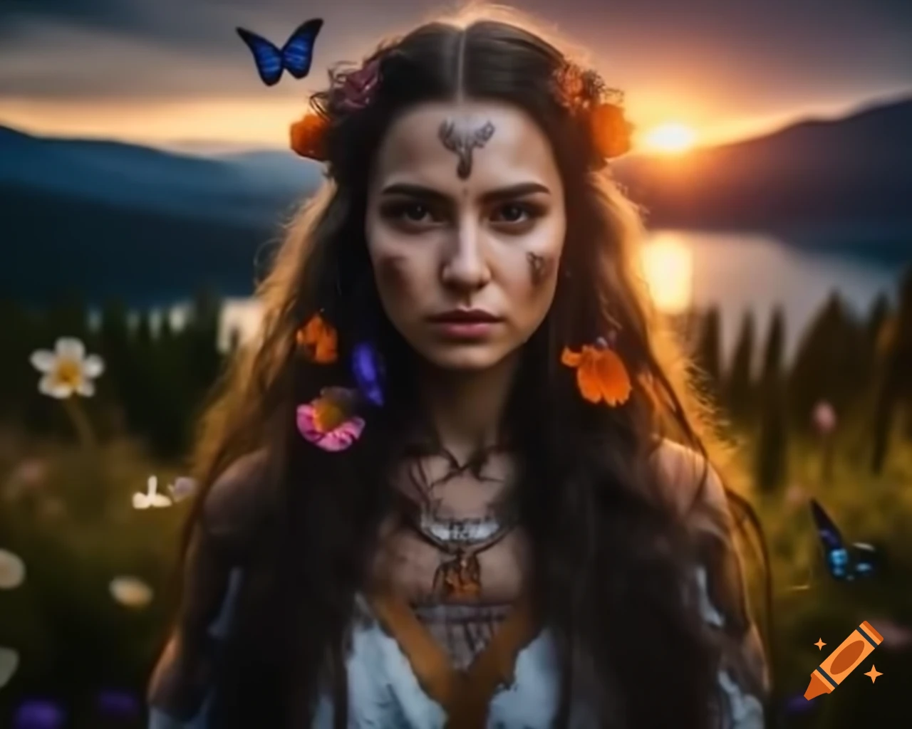 Hyperrealistic octane render of Slavic woman with flowers and butterflies in her hair