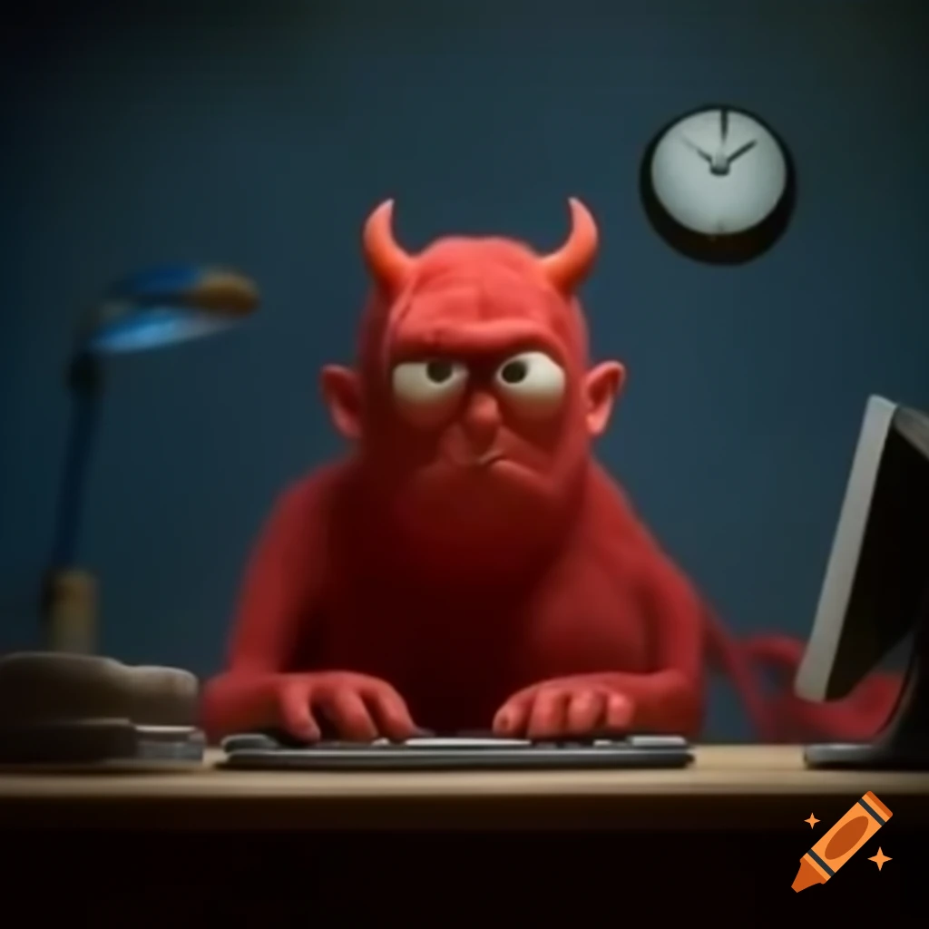 Bored devil sitting at computer while looking at watch