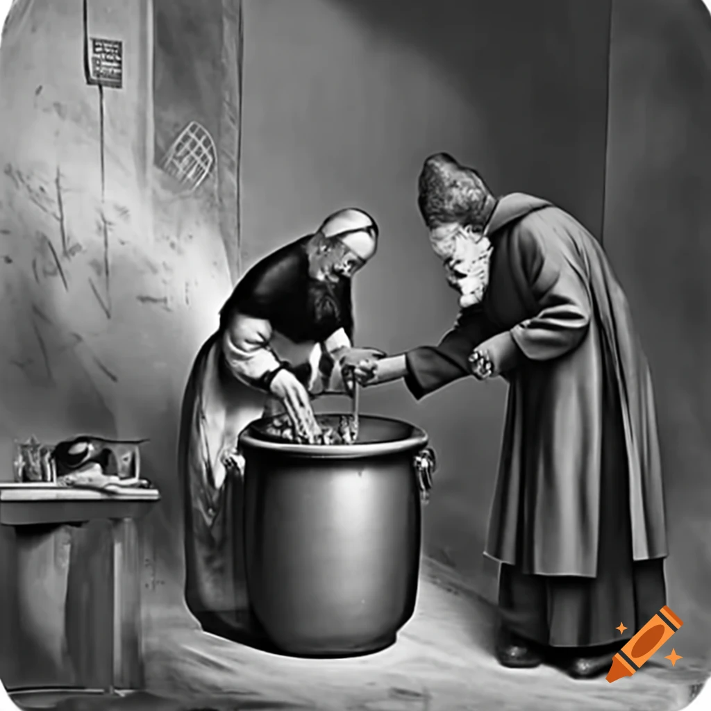 Engraved image of a 1900s abbot making jam in a pot