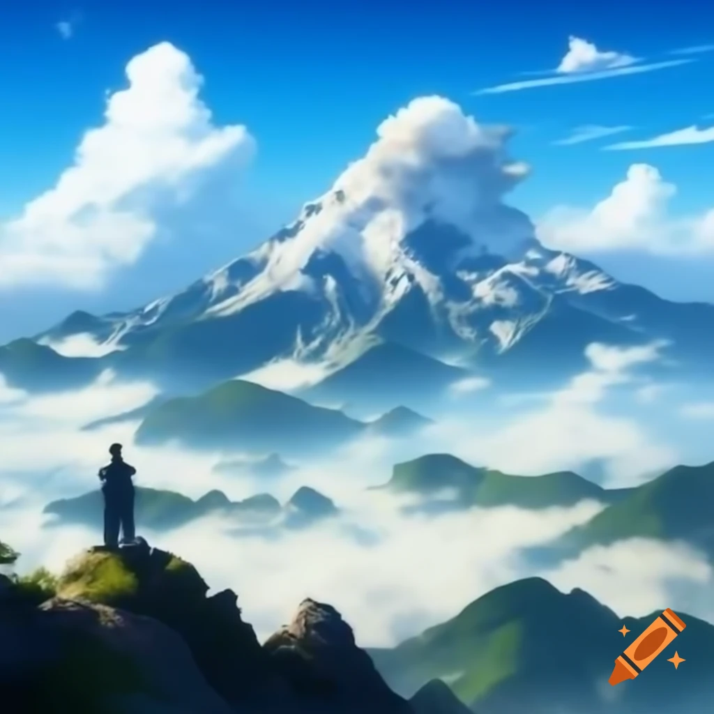 Majestic peaks of Mount Tai under blue skies with clouds and figure gazing down