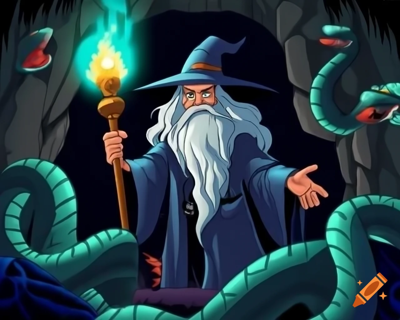 Gandalf with magic torch entering cave surrounded by monstrous snakes