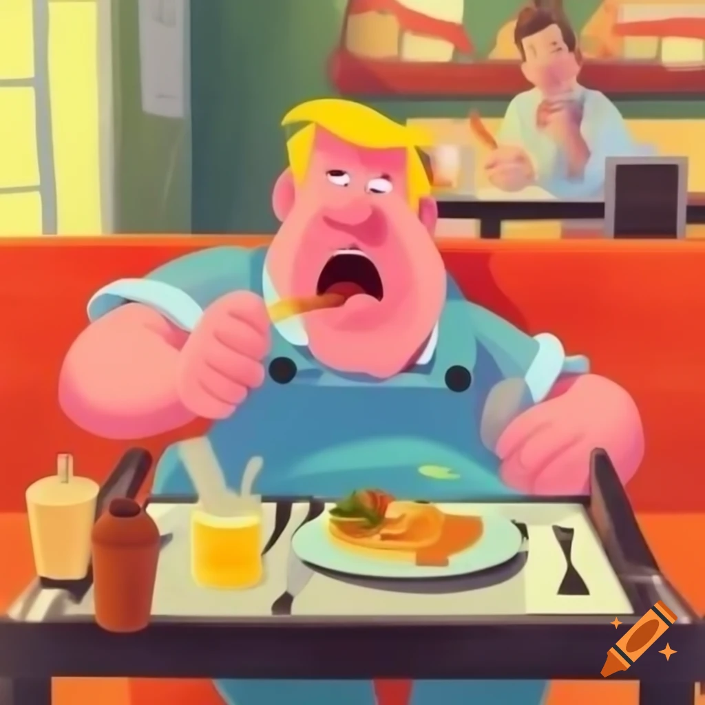 Man in wheelchair emotively eating at cafe in Disney cartoon style