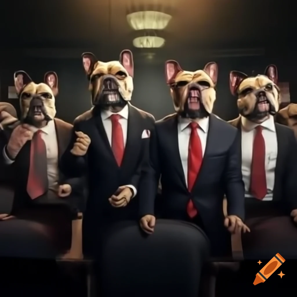 Bulldogs in suits playing darts while arguing in front of a jury