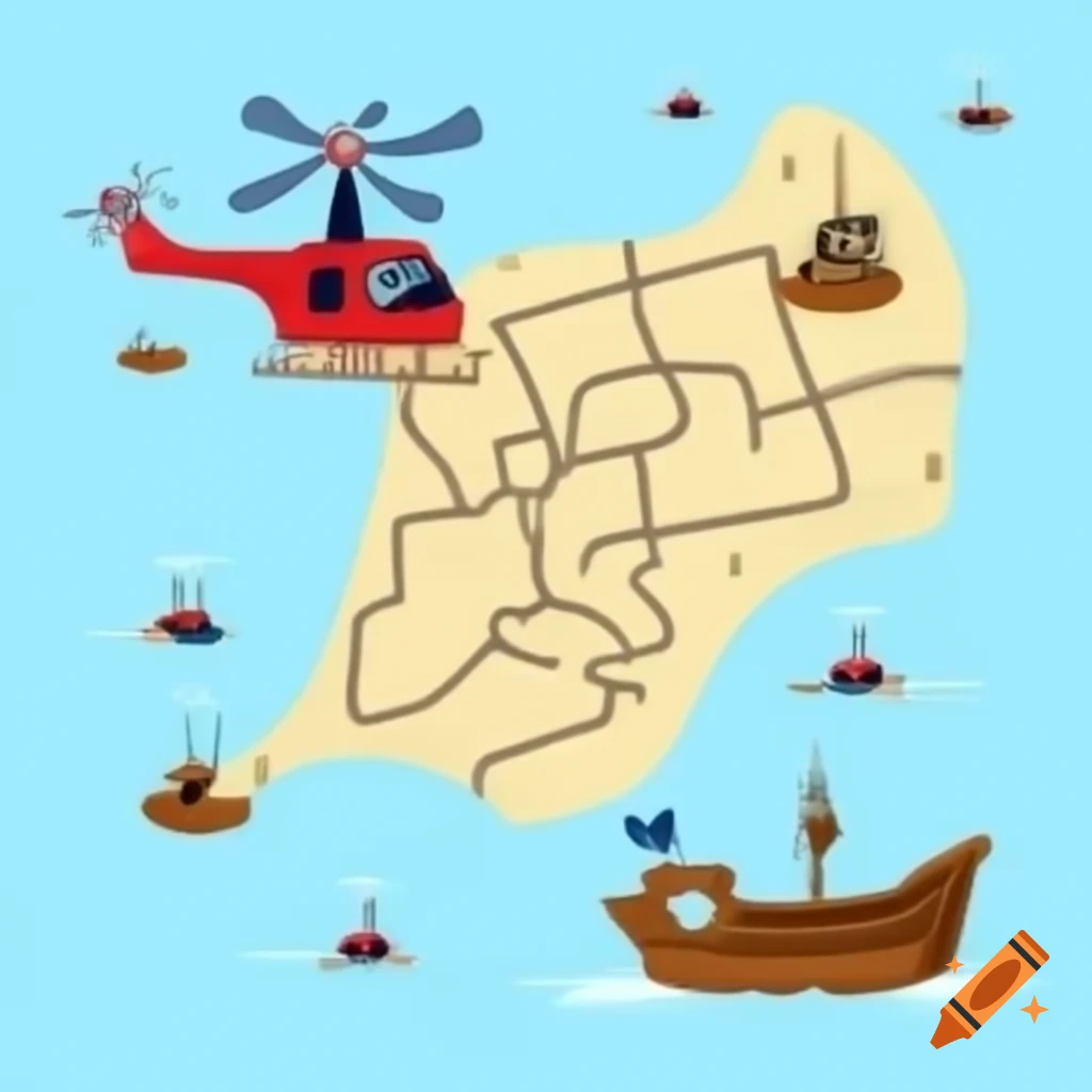 Pirate map featuring helicopter and boat illustrations