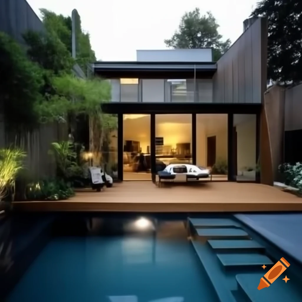 Single-story wooden house with terrace, garden, pool, and patio