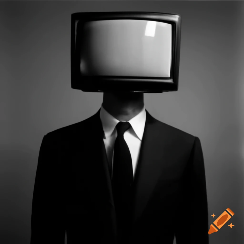 Man in black suit with television for a head