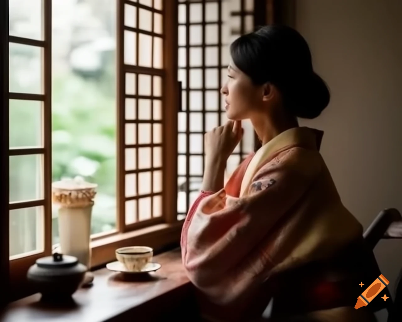 Asian woman in kimono drinking tea, gazing at zen garden through window