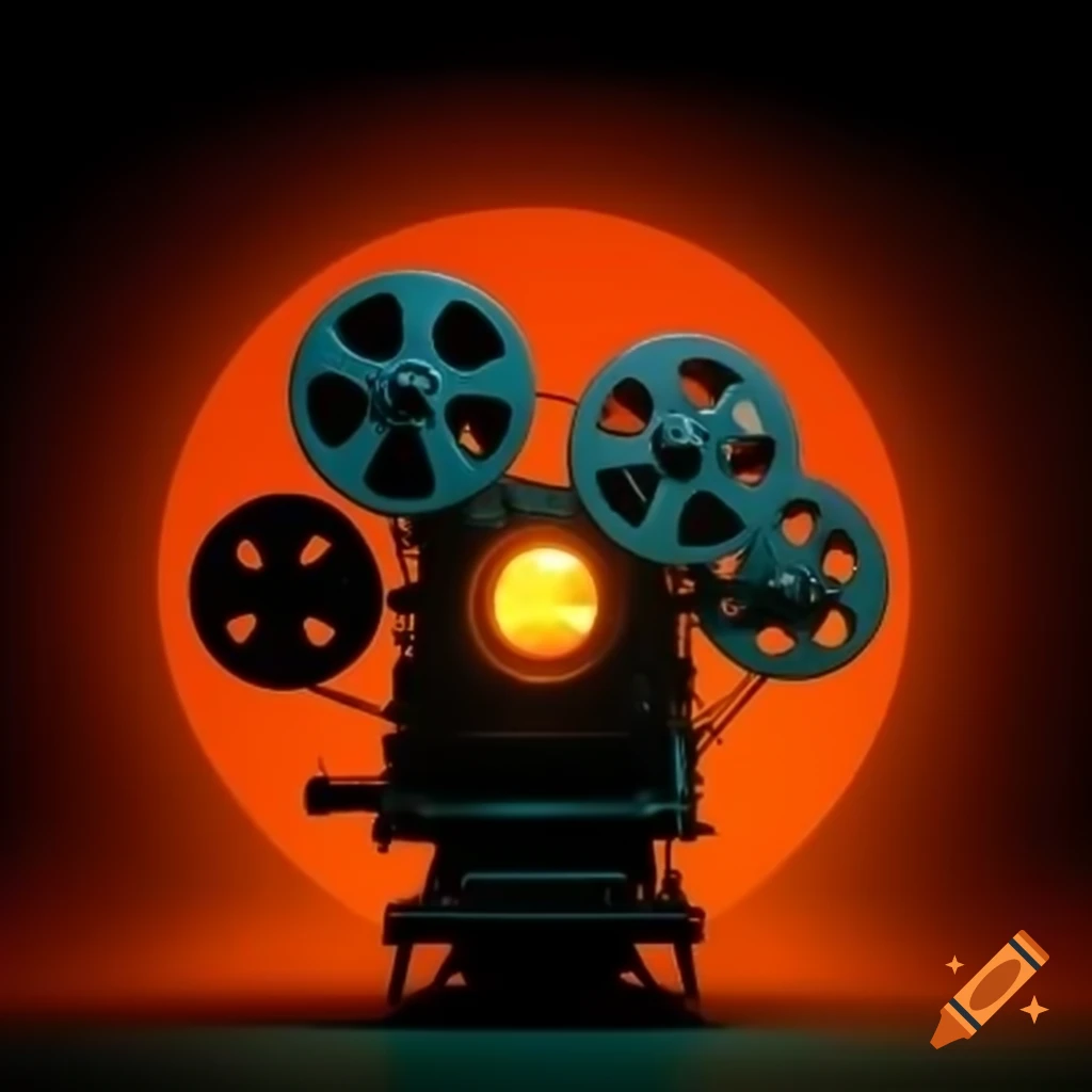 Old movie projector casting orange light on black and orange background