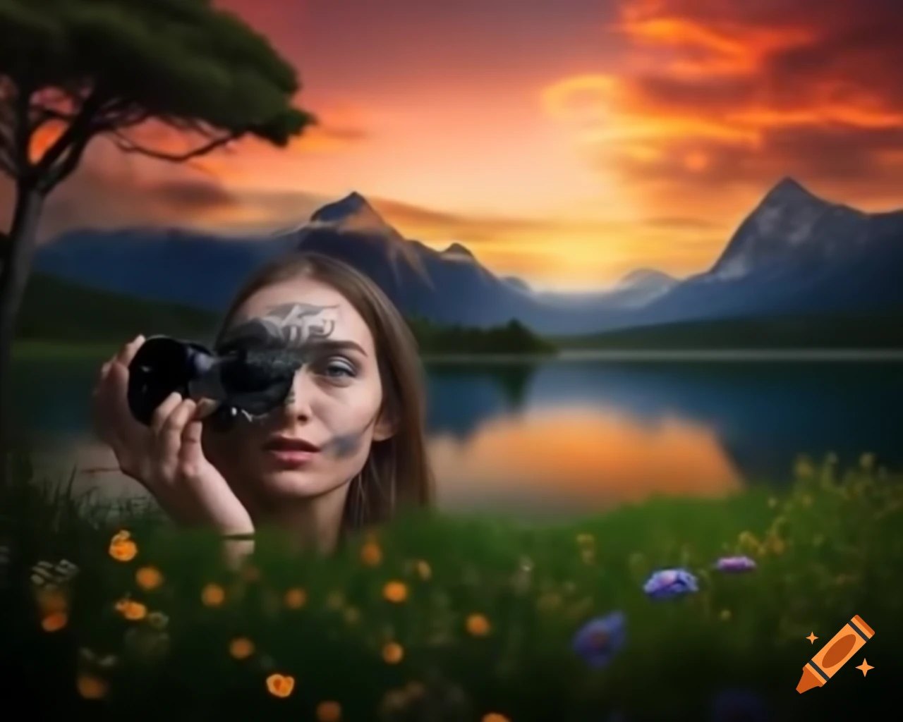 Surreal lifelike woman surrounded by ancient trees and wildflowers