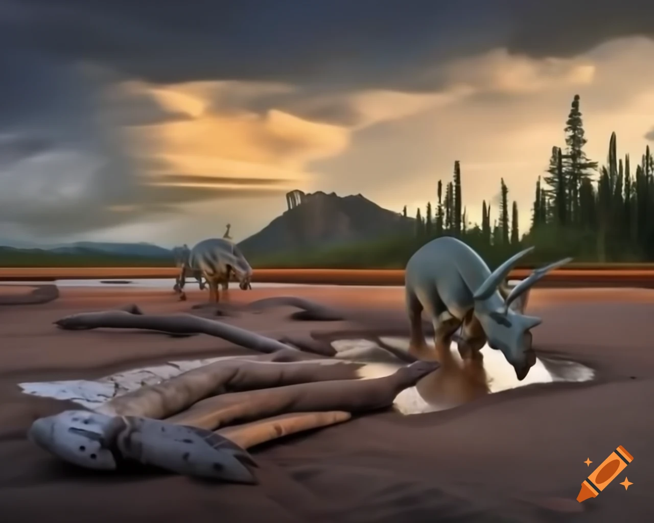 Three striped Styracosaurus crossing muddy flat with driftwood in British Columbia at golden hour