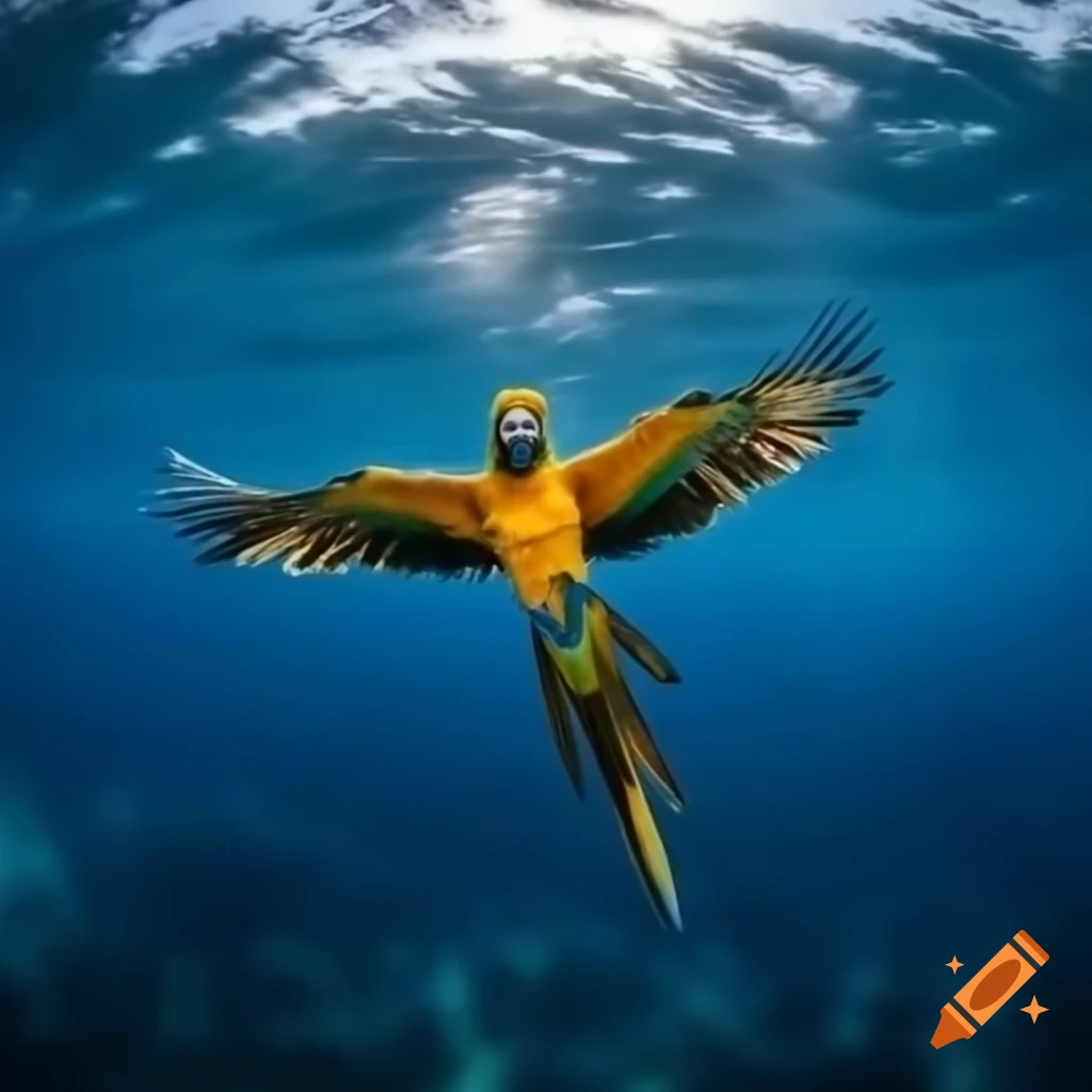 Macaw flying over the sea