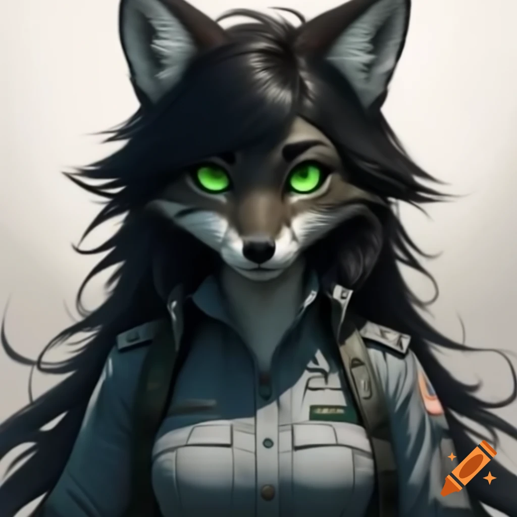 Anthro female fox in F-16 pilot uniform, strong physique with glowing green eyes