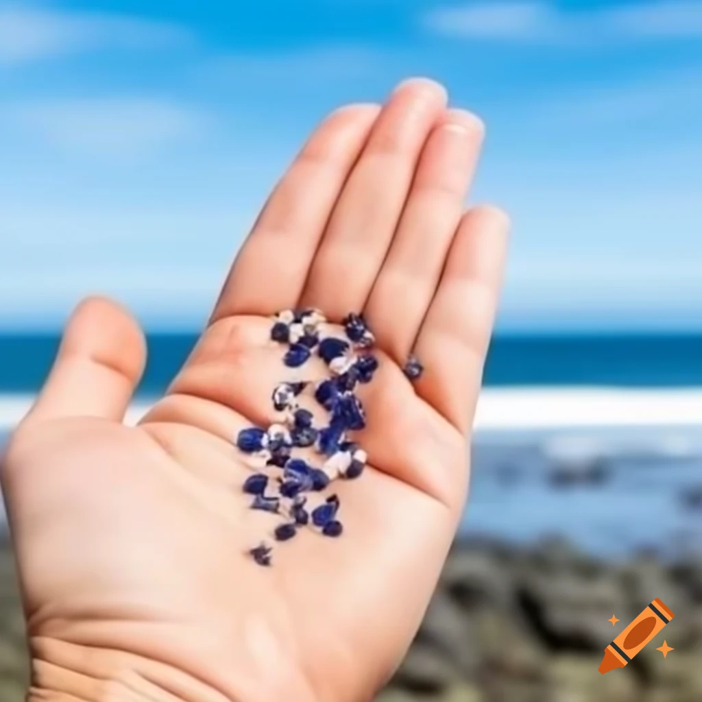 Hand holding microplastics against ocean backdrop