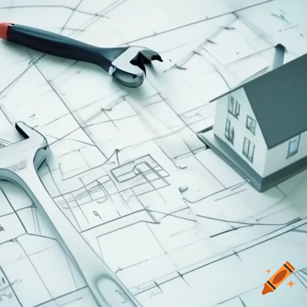 Architectural blueprint of a house with tools arranged for planning