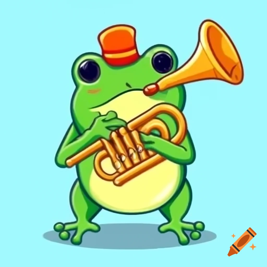 Frog playing mellophone in marching band