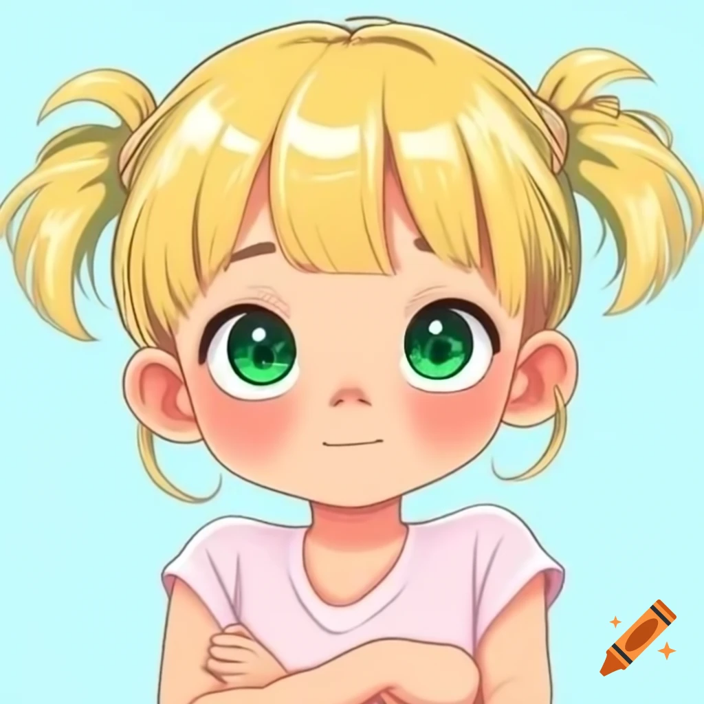 Anime girl with blonde hair and green eyes, wearing pink sleeveless shirt, arms crossed