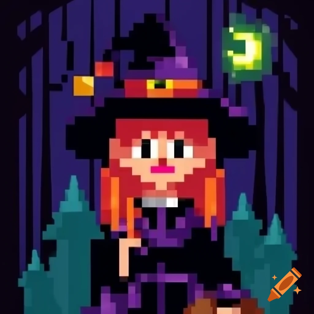 Pixel art witch in forest inspired by Salem Trials