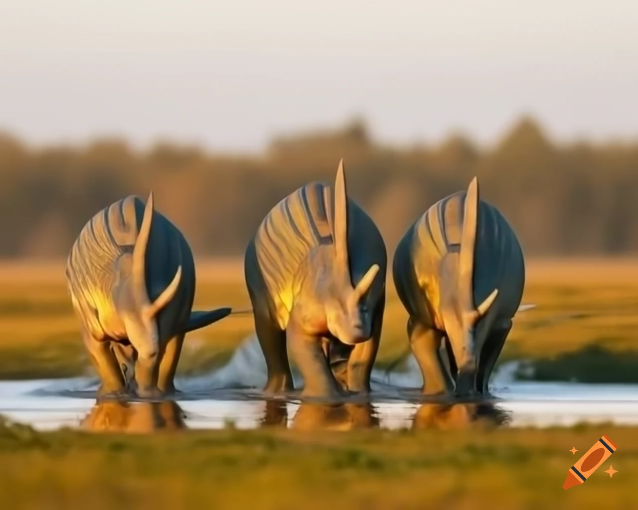 Styracosaurus in cinnamon and grey stripes walking through puddly marshland at golden hour