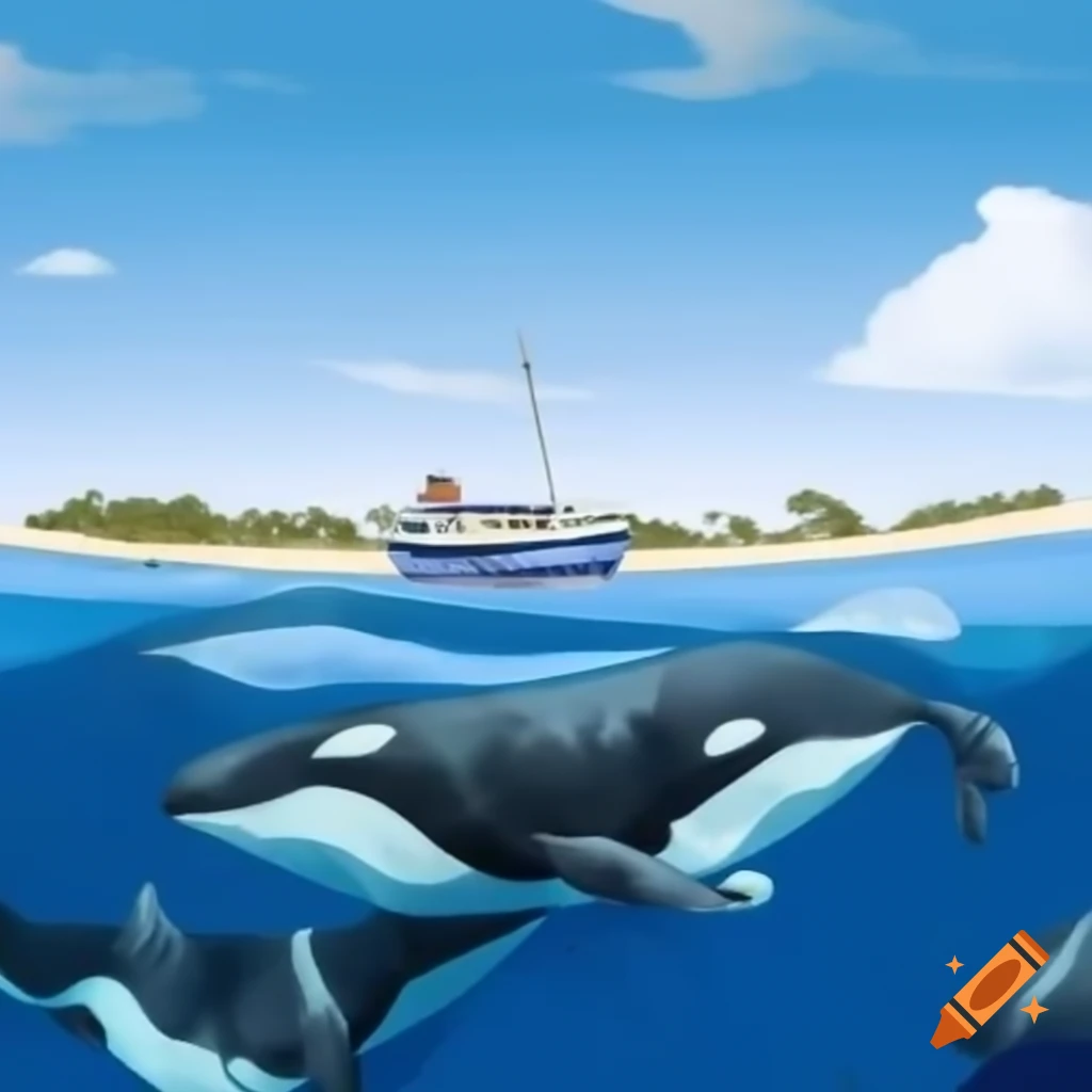 Whales jumping near boat with beach in the background