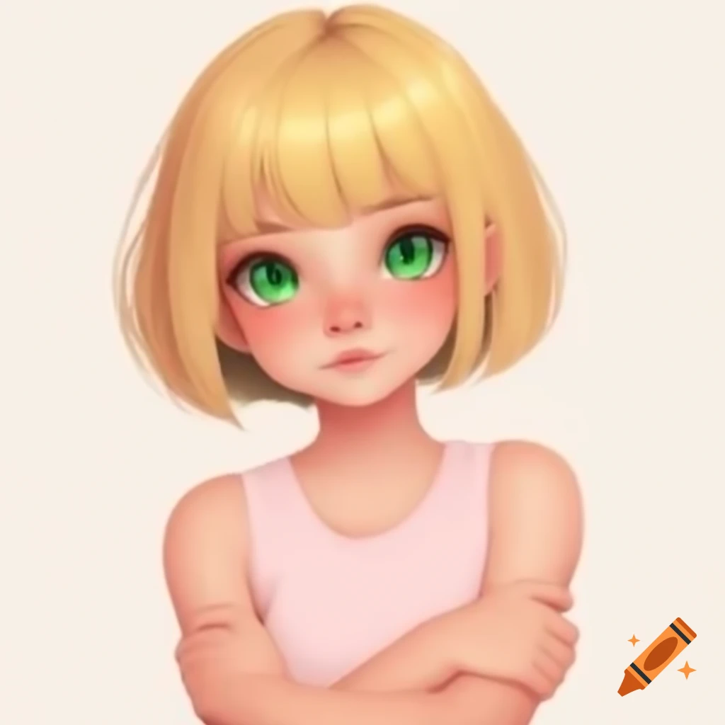 Anime girl with blonde hair and green eyes wearing a pink sleeveless t-shirt