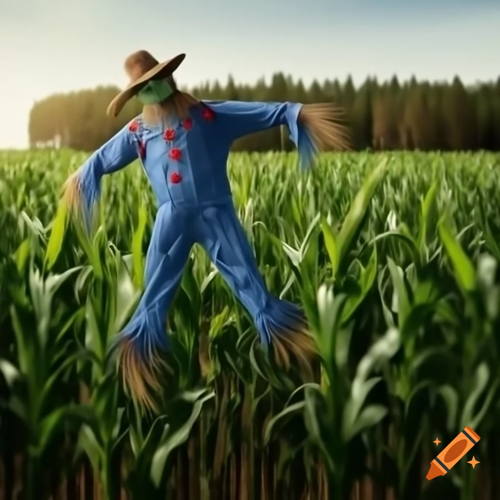 Scarecrow in blue trousers on cornfield with forest background, featuring political logo