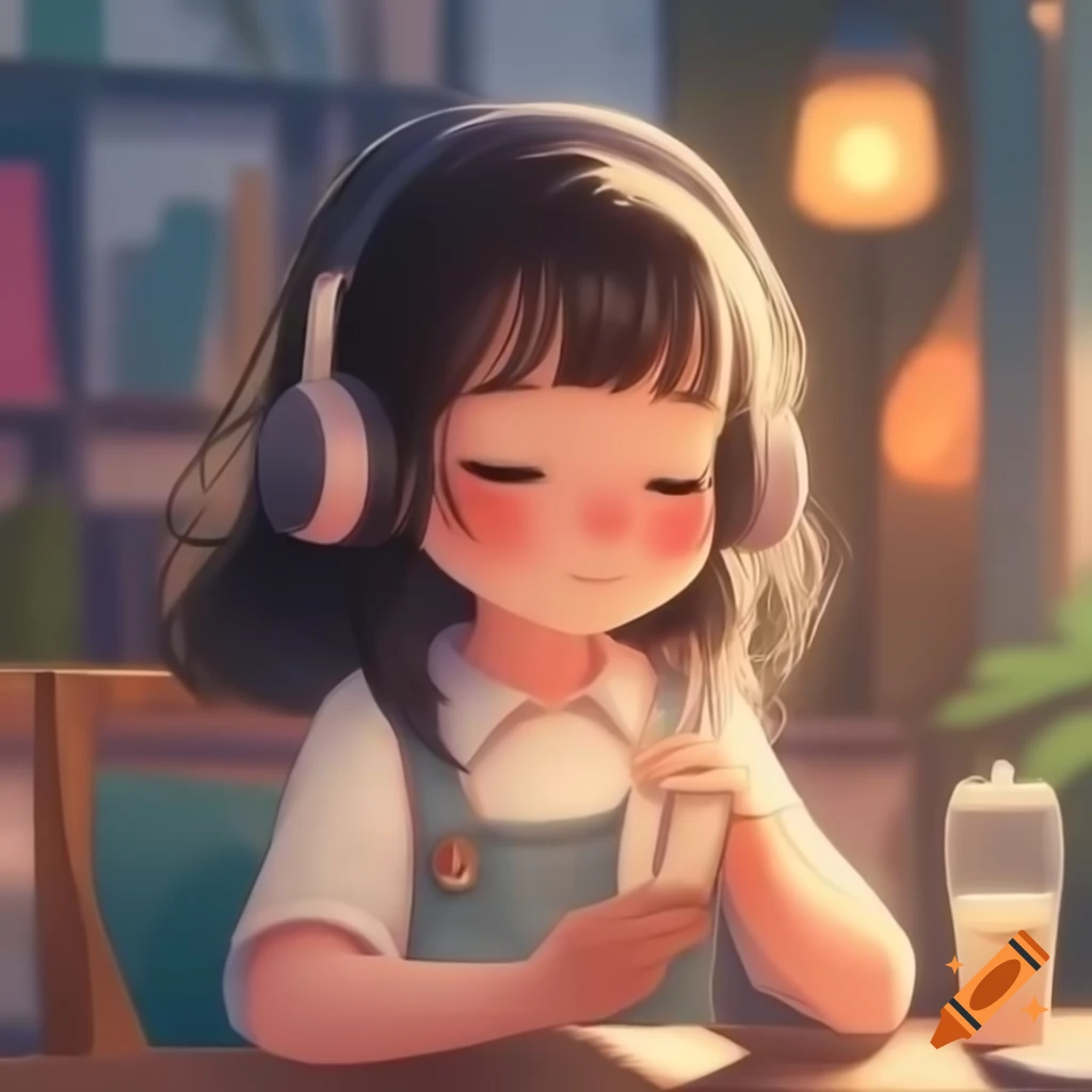 Anime girl enjoying music in a cute style