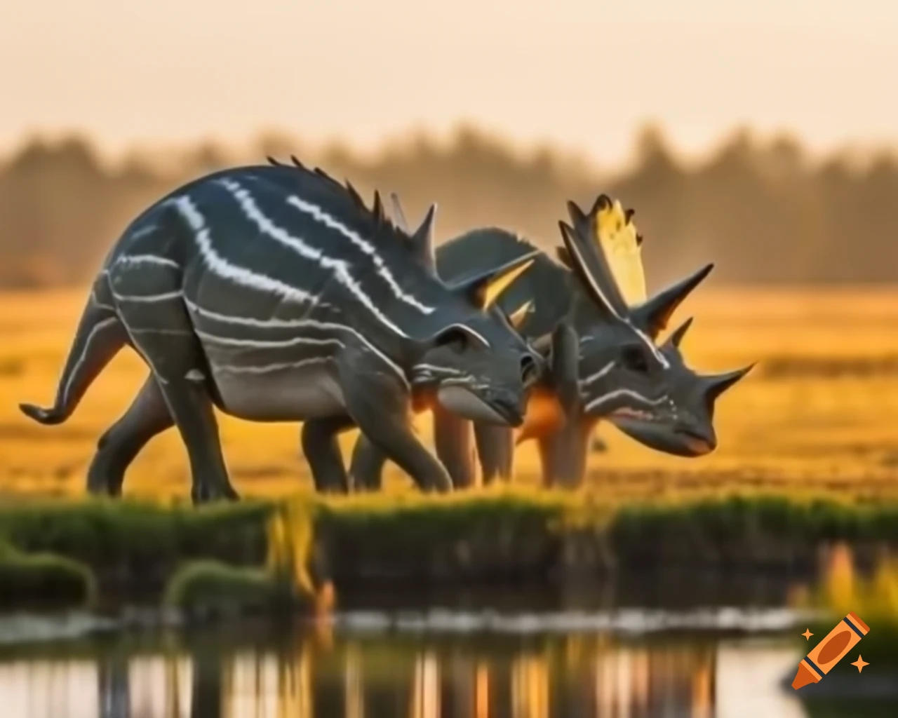 Three Styracosaurus in cinnamon and grey stripes walking through puddly marshland at golden hour