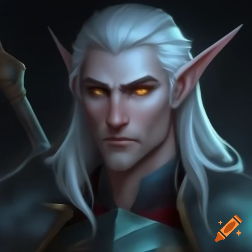 Half elf paladin king with platinum hair and glowing gray eyes