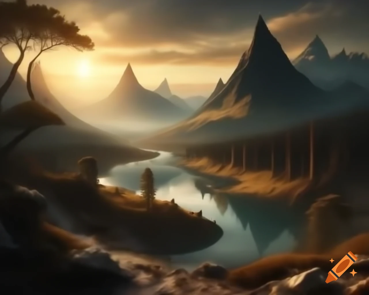 Breathtaking mountain range with flowing rivers and lush trees in an ancient land