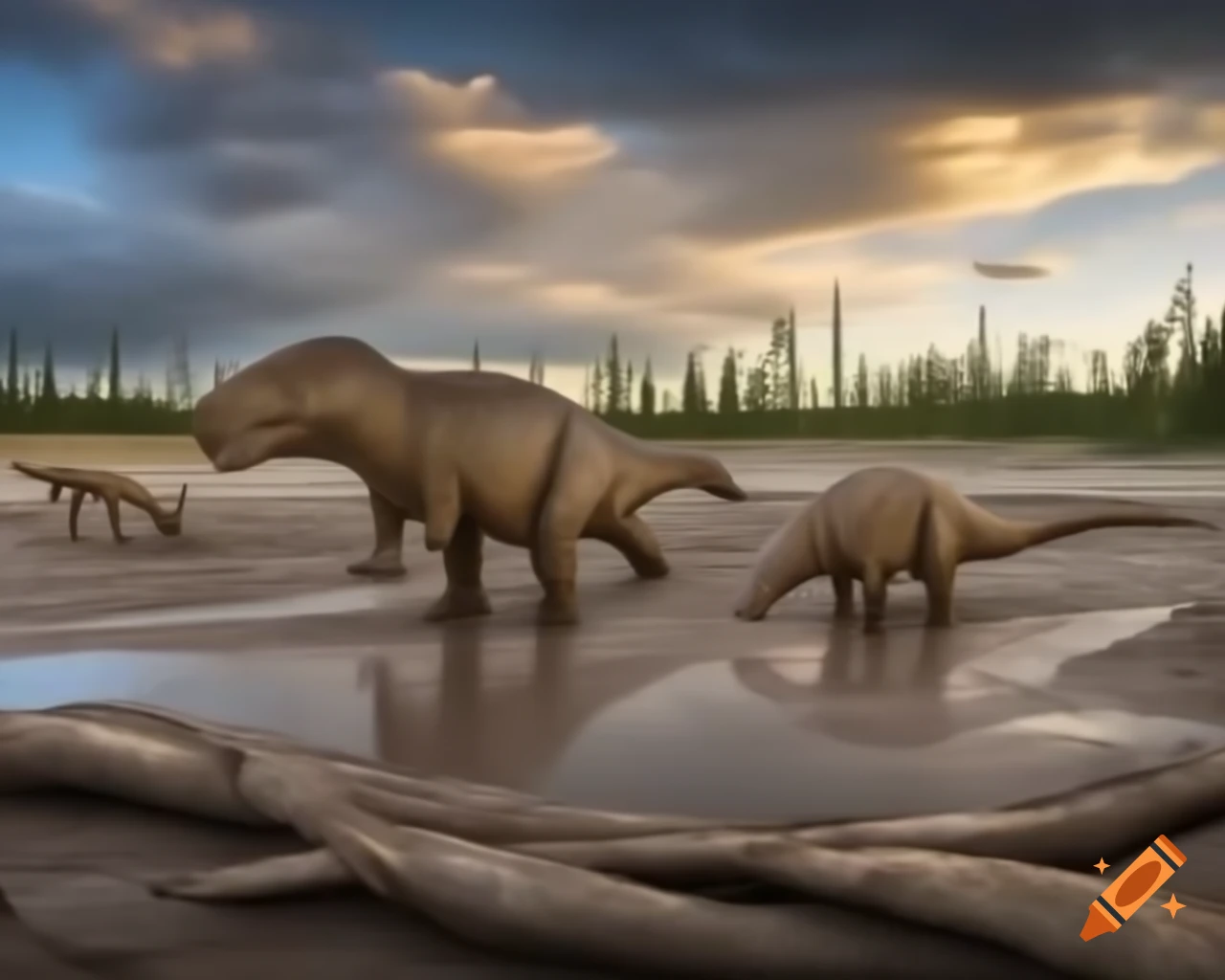 Group of Iguanodon dinosaurs crossing mudflat with driftwood in British Columbia
