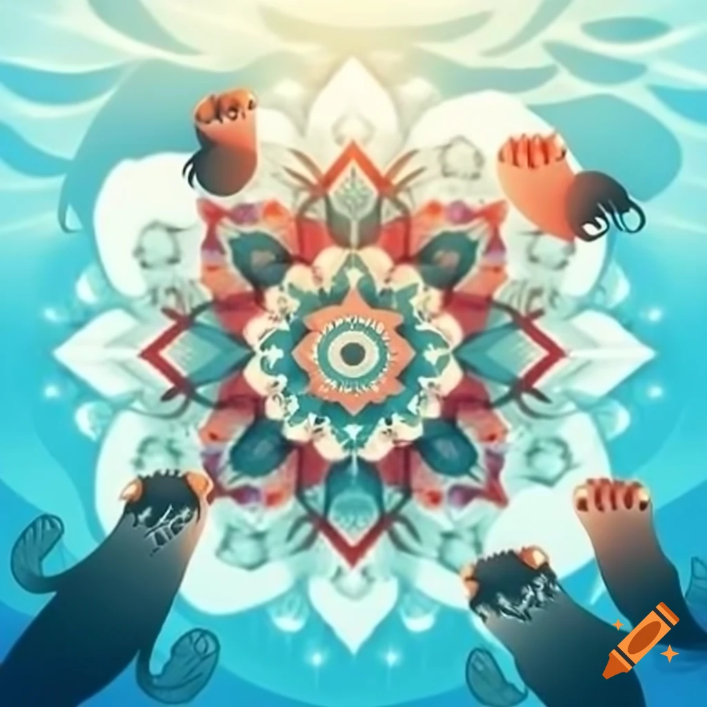 Intricate mandala design with sea otters swimming in light colors